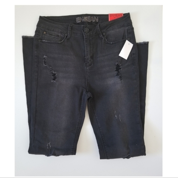 Enjean High Rise Skinny Distressed Black Jeans - Picture 1 of 7